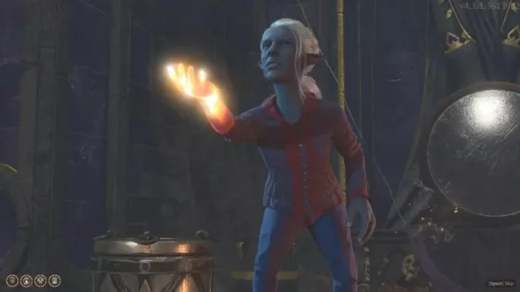 a dark violet skinned deep gnome in a ruined room threatening with a fiery explosion in her hands in baldur