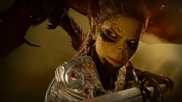 a yellowish skinned warrior woman with black war markings on her face in armor holding a sword