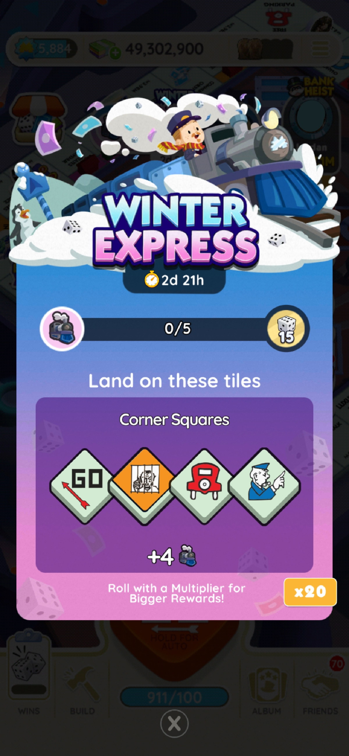 Todas las recompensas e hitos de Winter Express en Monopoly GO, listados 7 Una imagen del evento Winter Express en Monopoly GO que muestra a un hombre viajando en un tren del que sale dinero volando, que es parte de un artículo sobre todas las recompensas e hitos del evento.