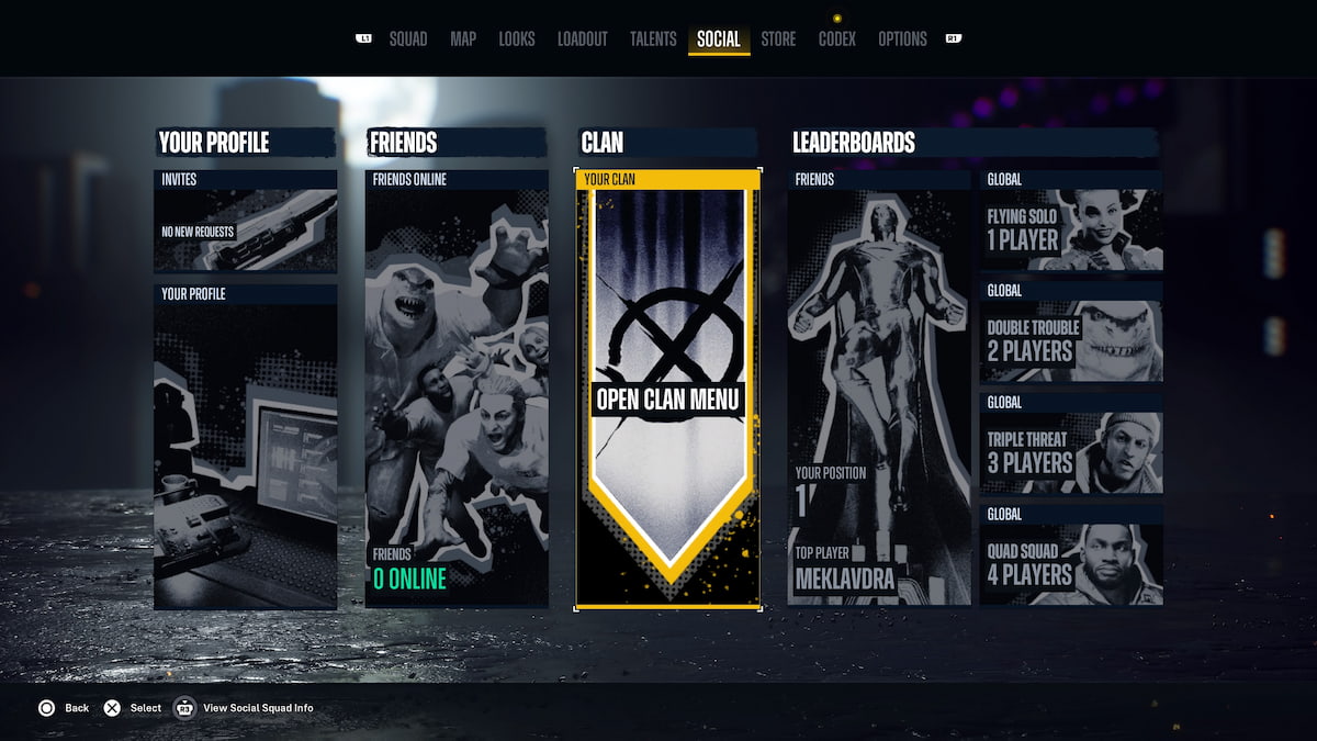 Las pancartas grises y amarillas en el escuadrón suicida matan a la liga de la justicia en el menú del clan.