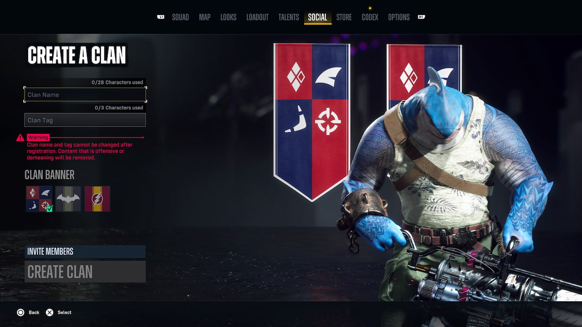 un enorme tiburón humanoide con una ametralladora parado frente a pancartas