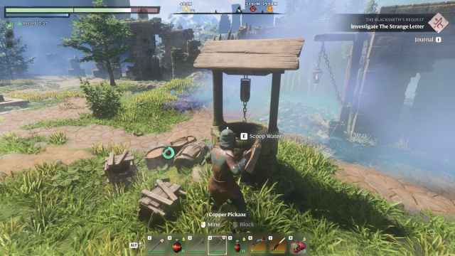 Personaje sacando agua de un pozo. 