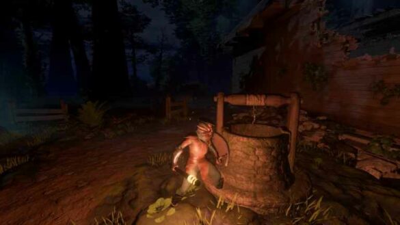 Character standing in front of a well.
