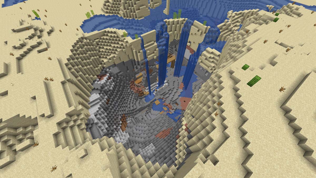Pozo de mina expuesto en el lugar de generación en Minecraft
