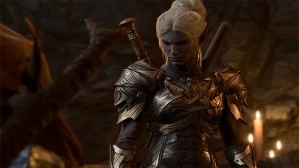 violet skin female dark elf warrior in armor