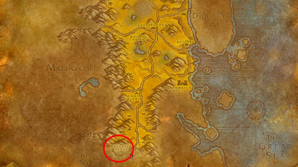Un mapa de Los Baldíos con RFK rodeado por un círculo en WoW Classic