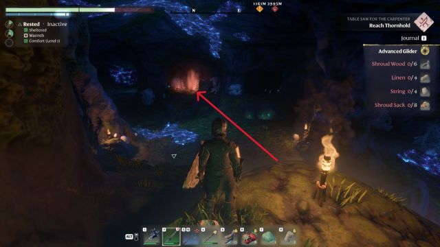 Interior de la cueva de búsqueda del huso de la mano del cazador enshrouded con botín marcado.