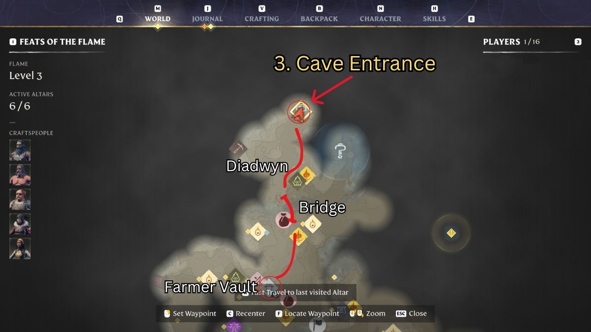 Mapa de entrada a la cueva de la misión del huso de mano enshrouded marcado.