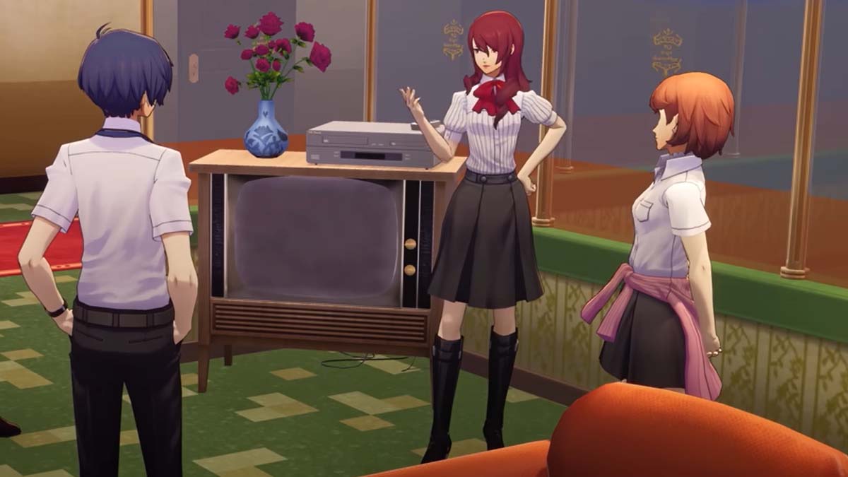 Personajes de recarga de Persona 3 conversando en el dormitorio