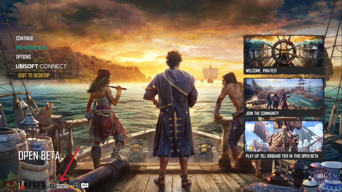 Menú principal de Skull and Bones con pestaña social señalada.