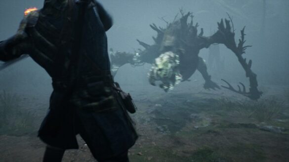 a man in adventuring gear facing a monster made of bones and branches