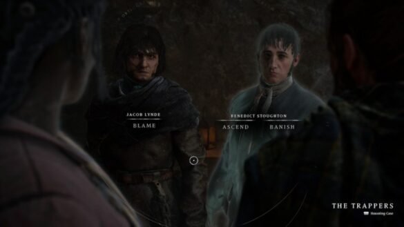 a rugged starved man stands next to a spectral man while two people look at them judgingly