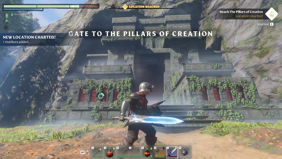 Personaje descubriendo la Puerta a los Pilares de la Creación. 