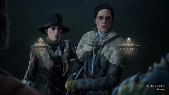two women in hunter clothing and fur stand and look at the player