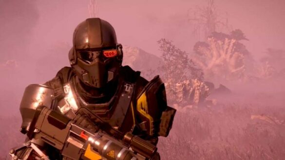 Helldiver standing in front with full gear and weapon