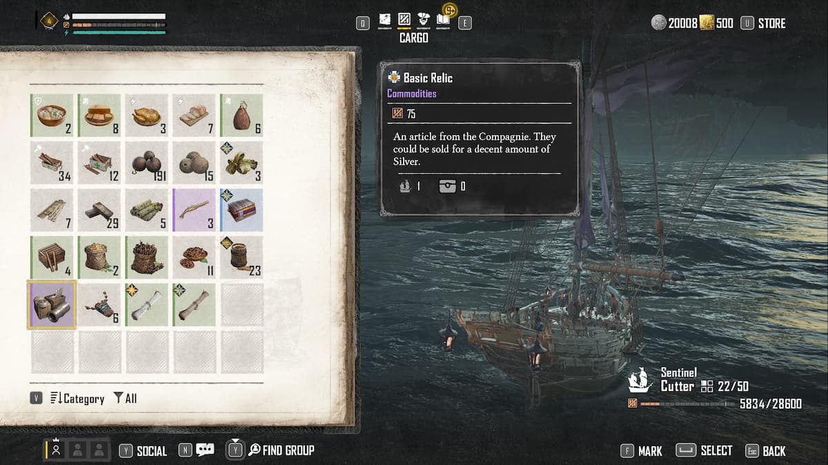 Los mejores artículos y productos básicos para vender en Skull and Bones 9 Reliquia básica resaltada en el inventario.