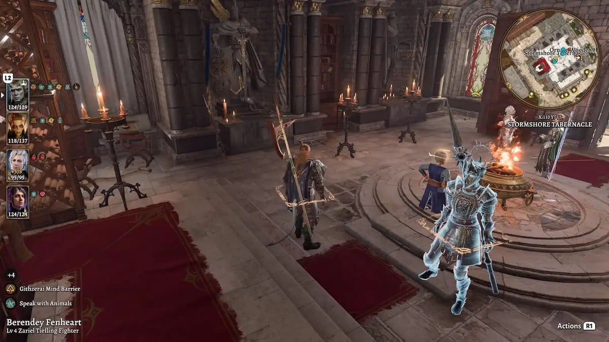 Interior de un templo adornado con estatuas de dioses, alfombras rojas, incienso y personajes rezando.