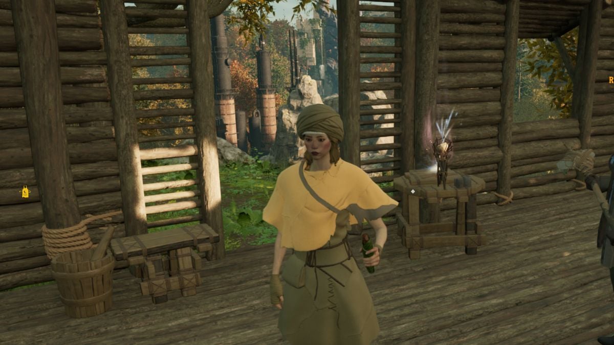 Personaje parado cerca de las estaciones de elaboración en Nightingale.