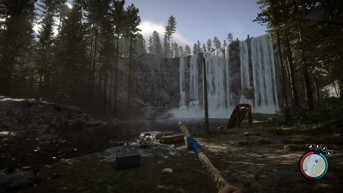 Apuntando con una lanza a una cascada