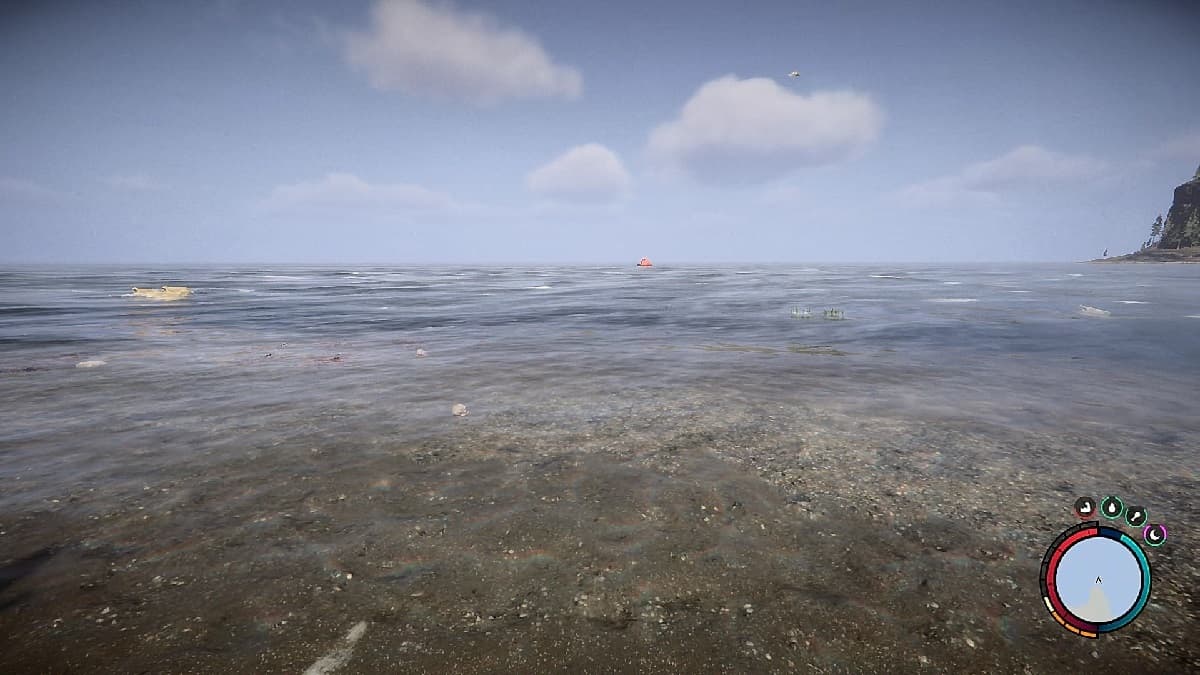 Balsa naranja en el océano con una pistola.