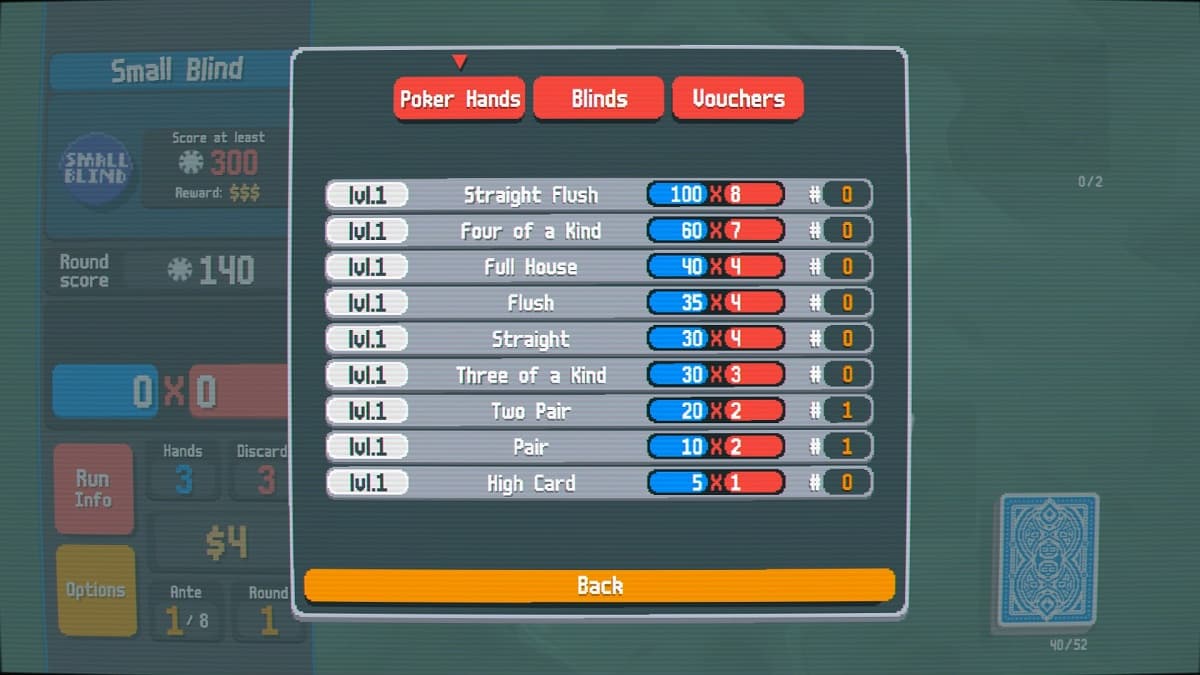 Valores predeterminados para cada mano