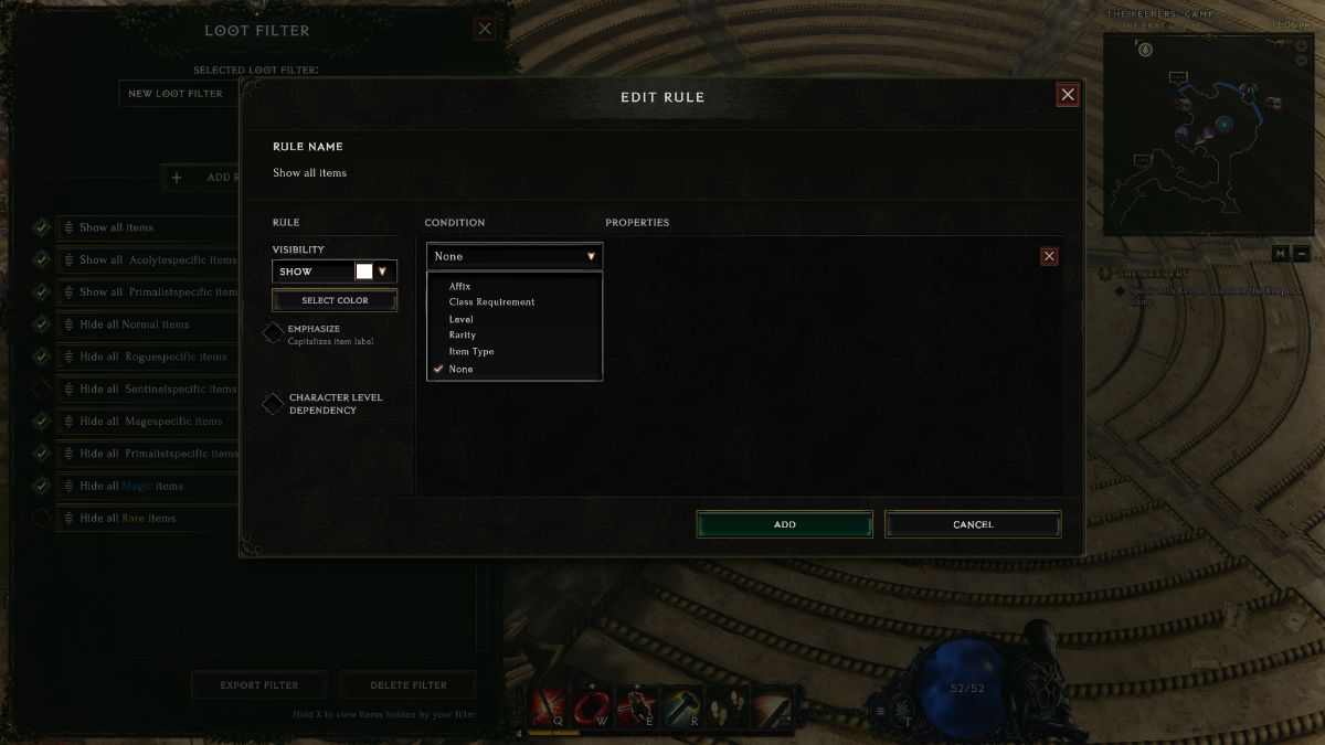 Cómo utilizar filtros de botín en la última época 11 Menú de reglas de edición de filtro de botín en la última época.