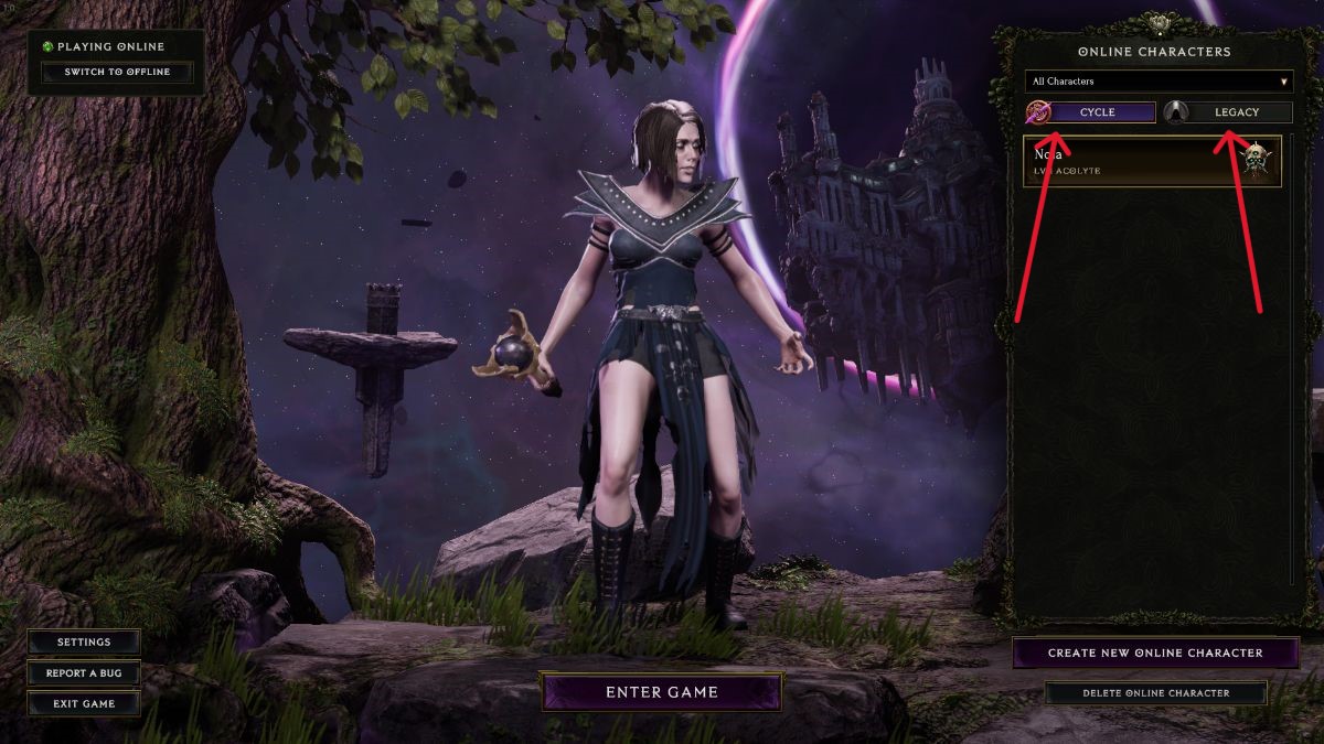 Menú de selección de personajes de la última época con ciclos y legado.