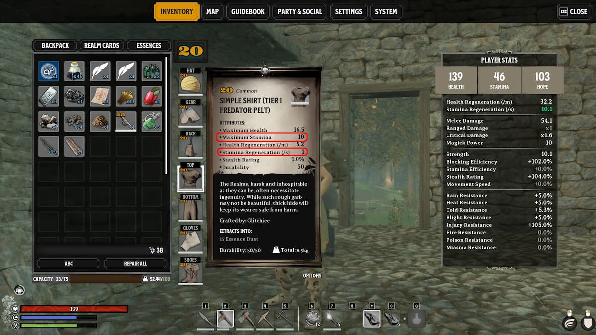 Camiseta con estadísticas de resistencia resaltadas. 