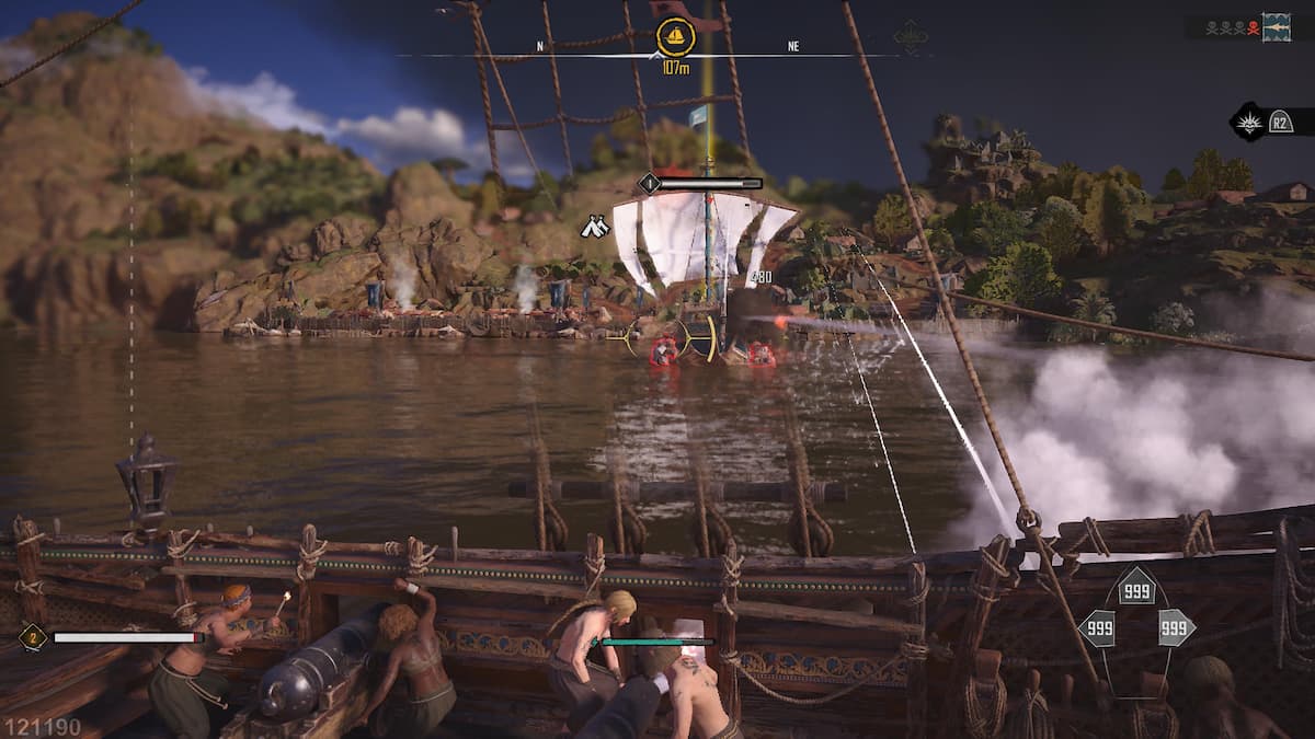 Mejores equipamientos de barcos en Skull and Bones 9 Tripulación pirata disparando balas de cañón a otro barco