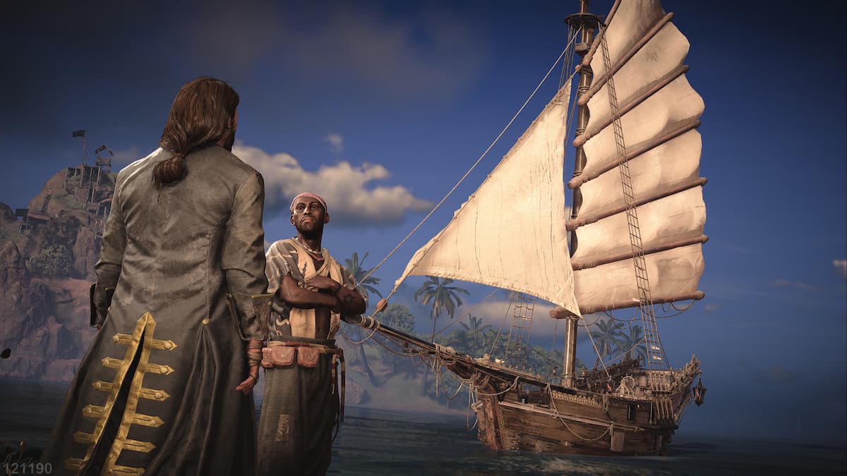 Mejores equipamientos de barcos en Skull and Bones 8 dos piratas hablando junto a un barco