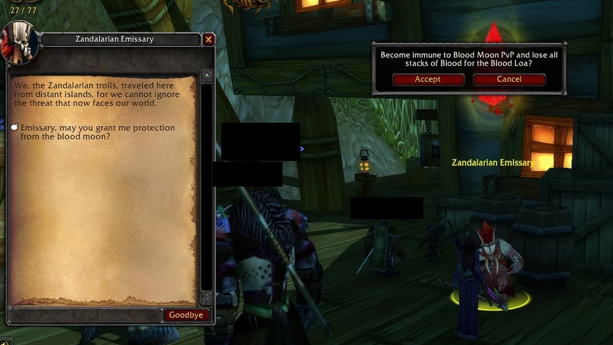 Hablar con un emisario Zandalari para optar por no participar en Blood Moon