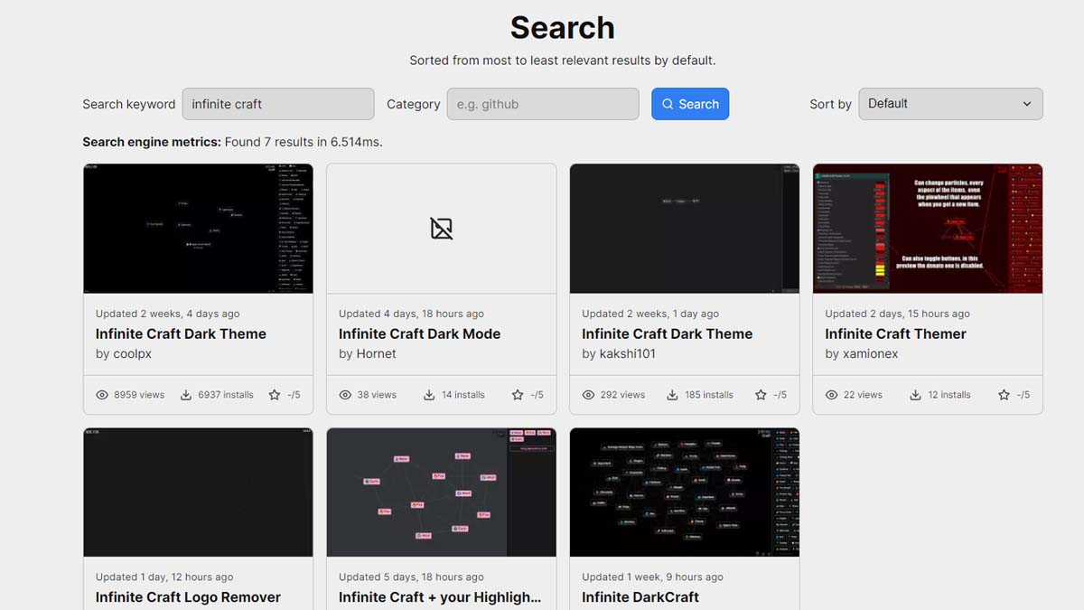 Página de búsqueda de extensión del navegador Stylus para Infinite Craft Dark Theme