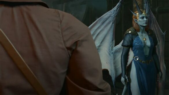 gray skinned horned and winged devil woman mizora in baldurs gate 3