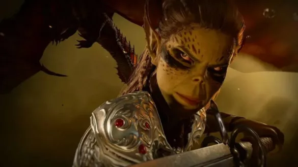 a yellow-skinned female githyanki warrior in ornamental plate armor wielding a sword