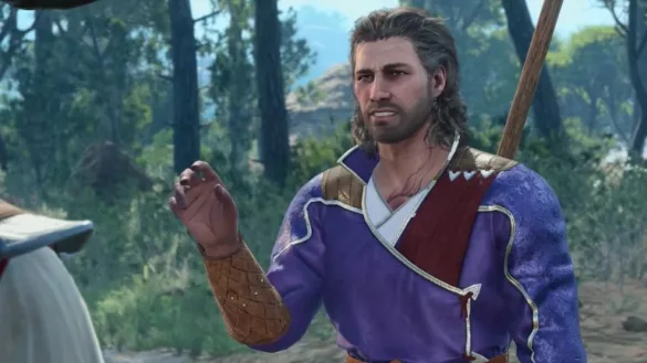 a middle aged man in violet clothing raising his hand in inquiry
