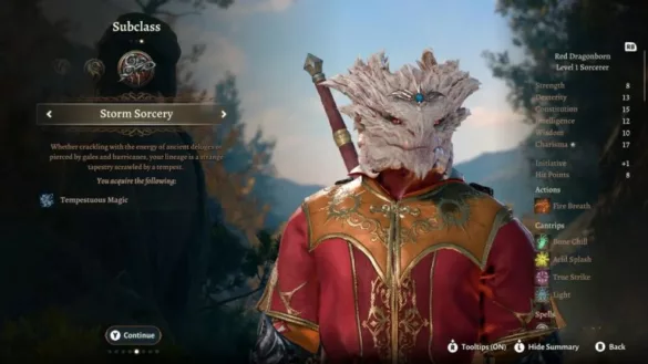 a mage adorned in a red tunic with a draconic head