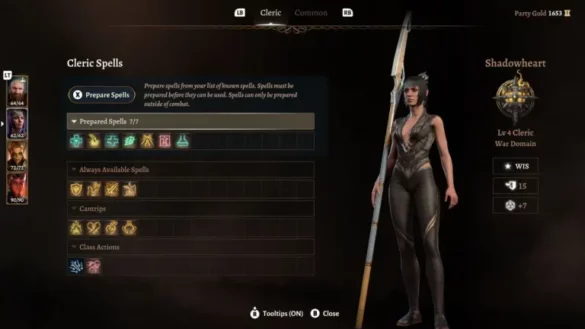 cleric spells menu in baldur