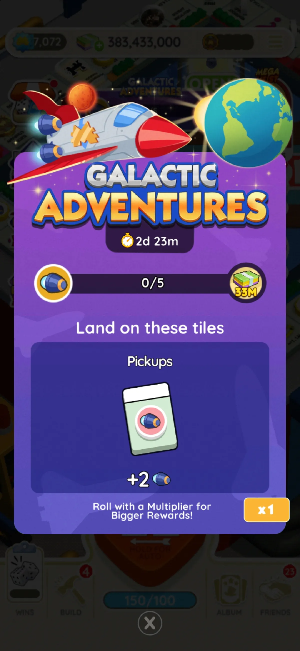 Todas las recompensas de aventuras galácticas en Monopoly GO, enumeradas 7 Una imagen que muestra un cohete cerca de la Tierra encima del logotipo del evento Galactic Adventures en Monopoly GO.