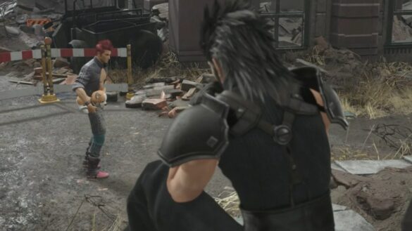 Zack sitting on the steps of Aerith