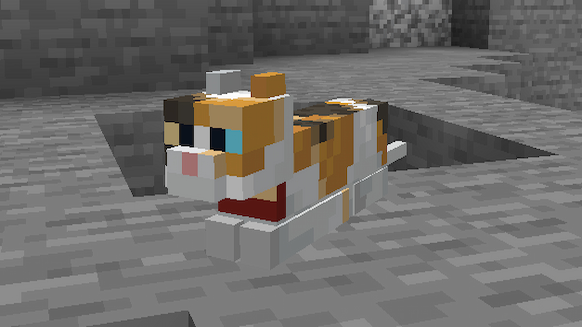 Un gato de Minecraft que utiliza una nueva posición para sentarse del mod Cat Loaf.