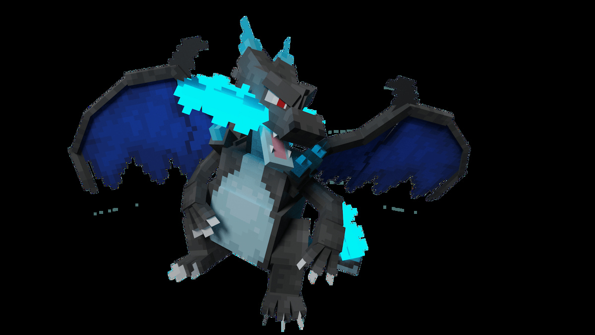El modelo Mega Charizard X utilizado en el complemento Ascension Megamons para el mod Cobblemon.