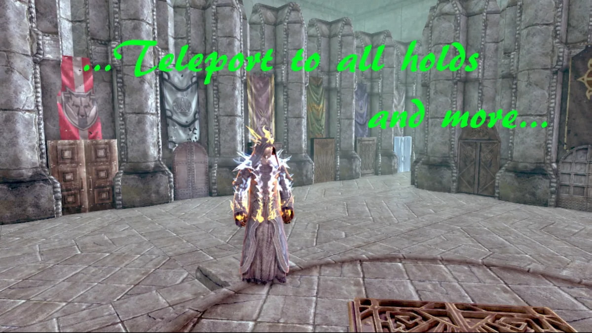 Dragonborn en Skyrim de pie en la biblioteca cubierto con una armadura de llamas.