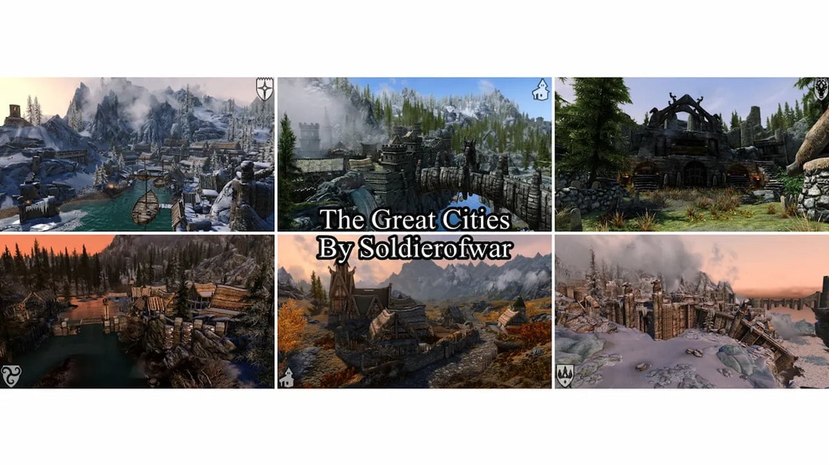 Seis imágenes que muestran varias ciudades importantes de Skyrim.