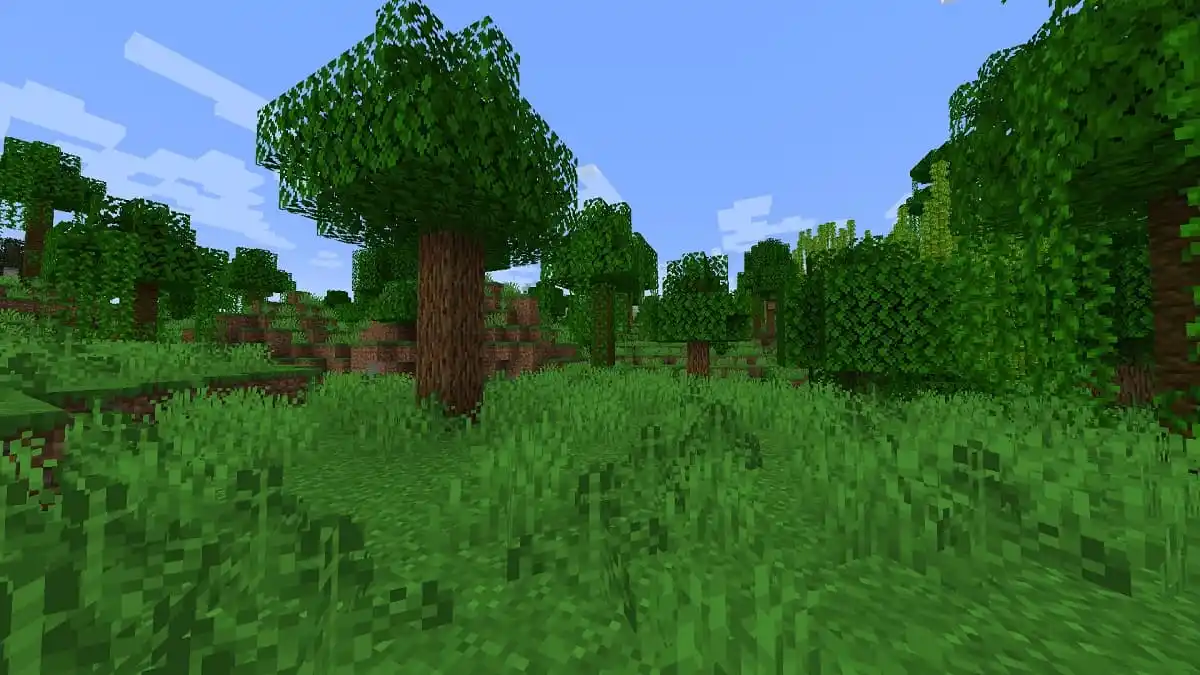 Una vista exuberante del bosque desde el mod Expanded Delight Minecraft