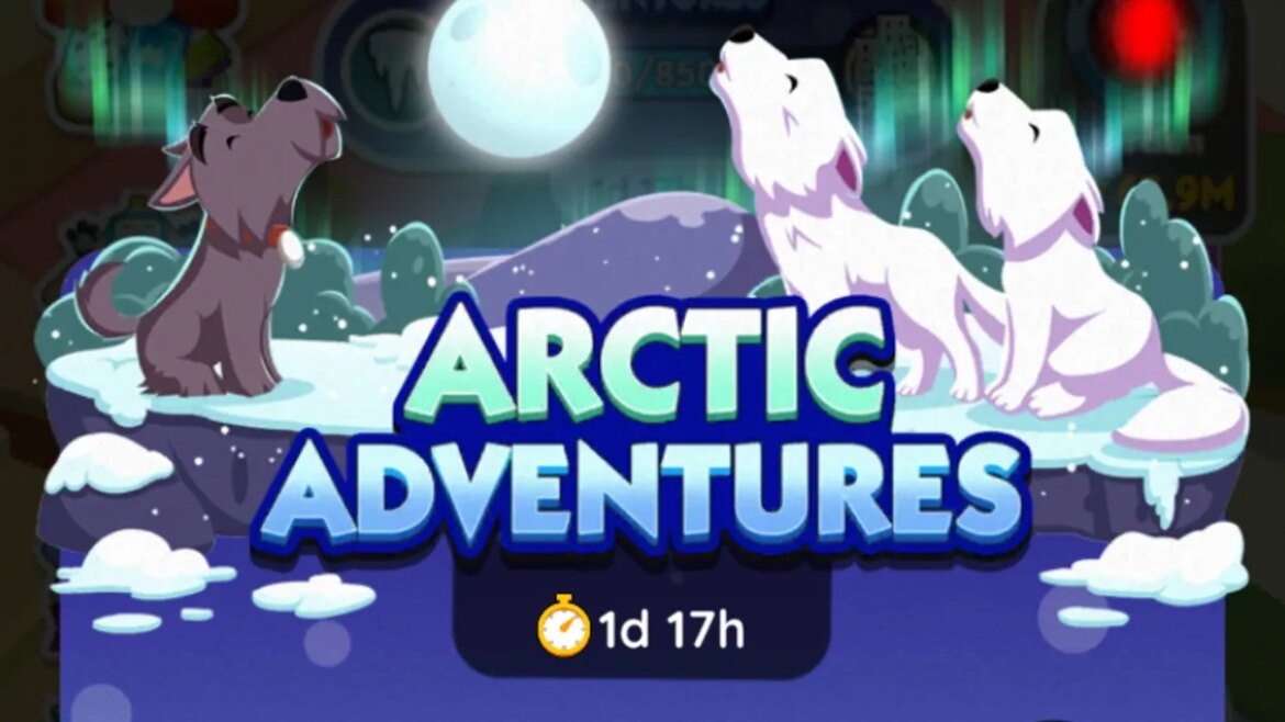 An image for the Arctic Adventures event in Monopoly GO showing three dogs howling at a full moon.