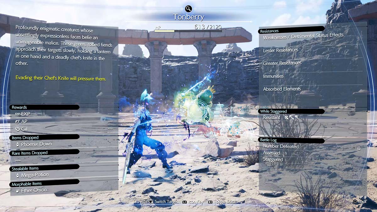 Cómo presionar a los enemigos de Tonberry en Final Fantasy 7 Rebirth 7 La pantalla Tonberry Assess en Final Fantasy 7 Rebirth