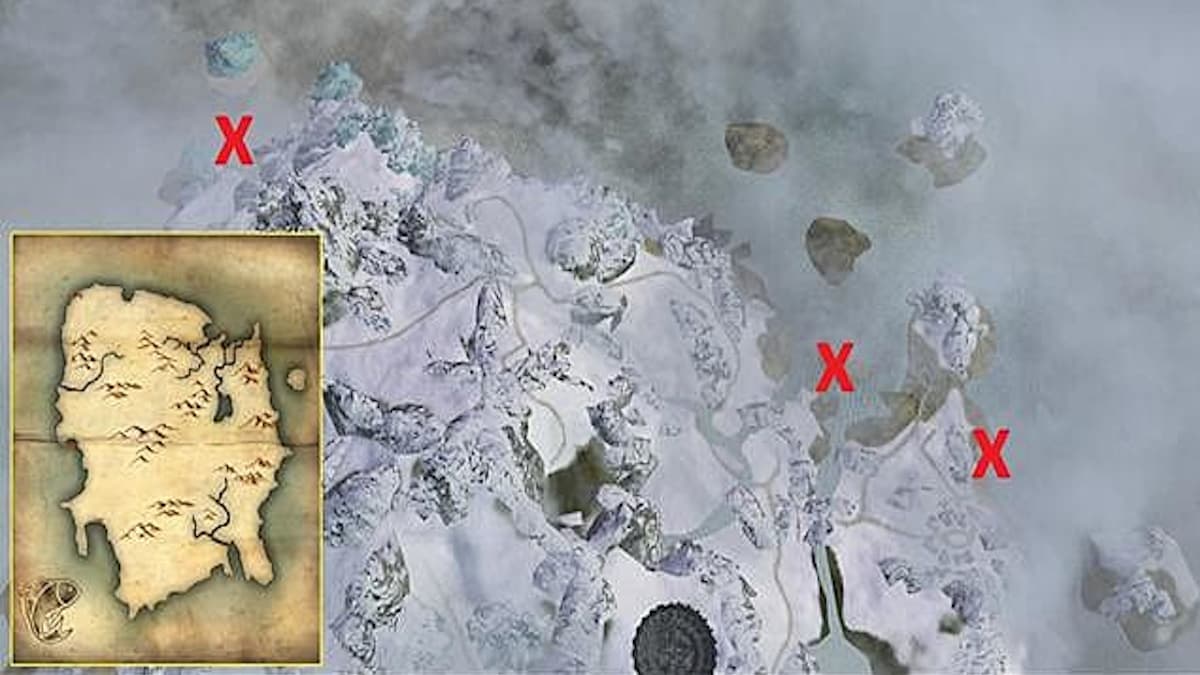 Ubicaciones del mapa de lugares de pesca en el norte de Solstheim.