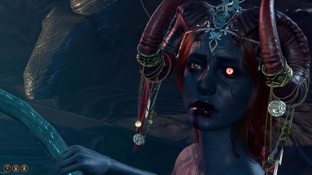 Tiefling humanoide demoníaco con piel oscura y cuernos curvos.