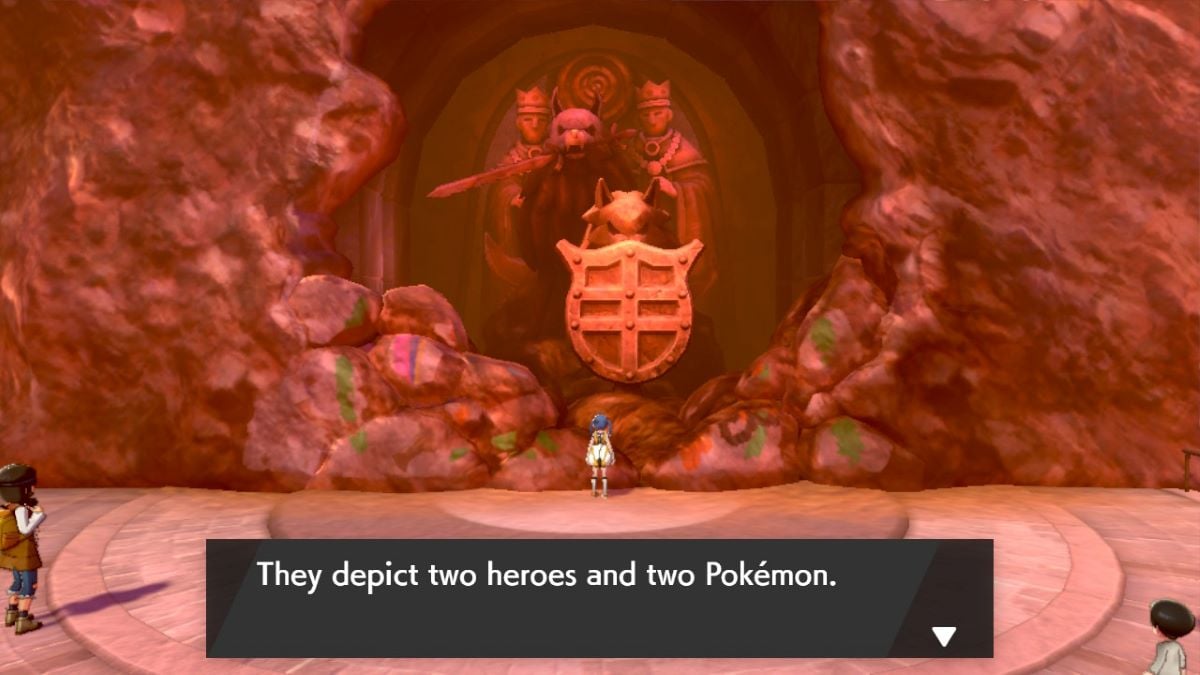 El jugador inspecciona estatuas que representan dos héroes y dos Pokémon en Pokémon Sword & Shield