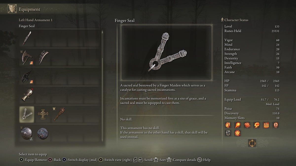 Una herramienta de lanzamiento de encantamiento Finger Seal en Elden Ring